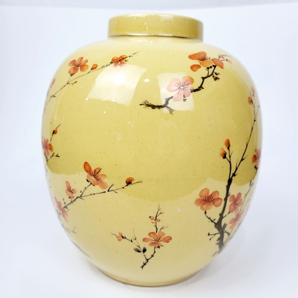 Vtg hyalyn 824 Ginger Jar/Vase~Japanese Apple Blossom Tree~Yellow~7.75" NO LID - Picture 4 of 7